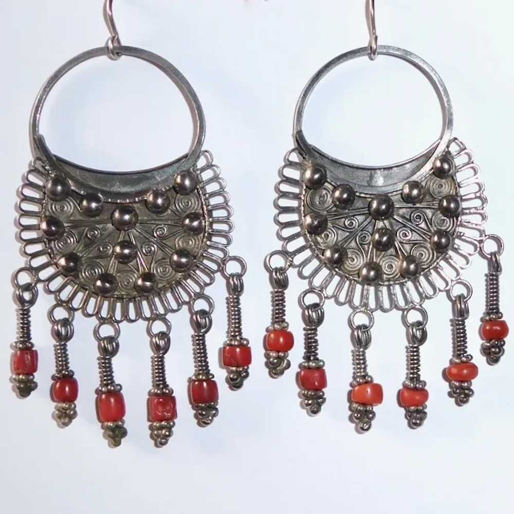 Ethnic Nepali Bold Silver Earrings w Coral Drops - image 8