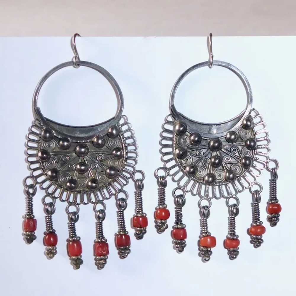 Ethnic Nepali Bold Silver Earrings w Coral Drops - image 9