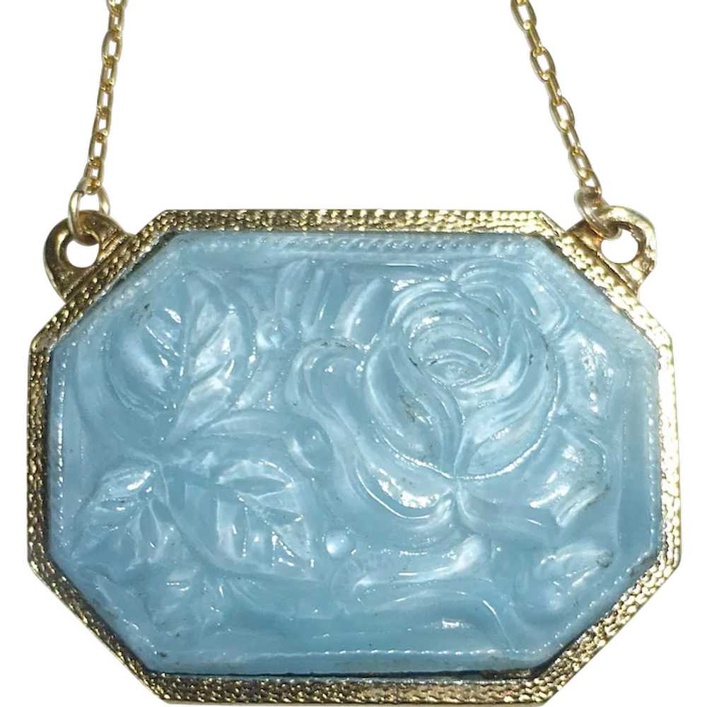 Gold Tone Pendant Necklace Molded Blue Art Glass … - image 1