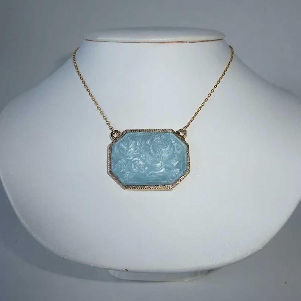 Gold Tone Pendant Necklace Molded Blue Art Glass … - image 2