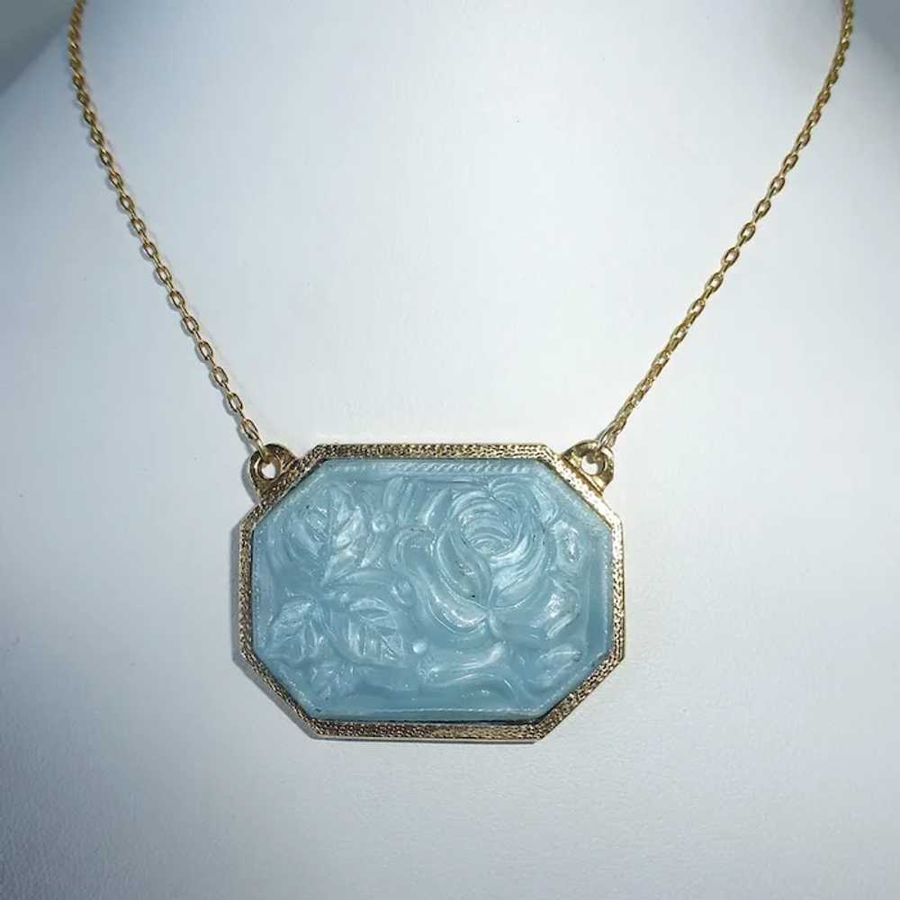 Gold Tone Pendant Necklace Molded Blue Art Glass … - image 3
