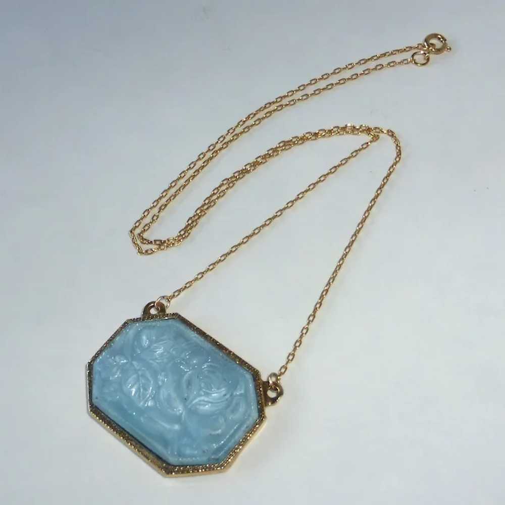 Gold Tone Pendant Necklace Molded Blue Art Glass … - image 4