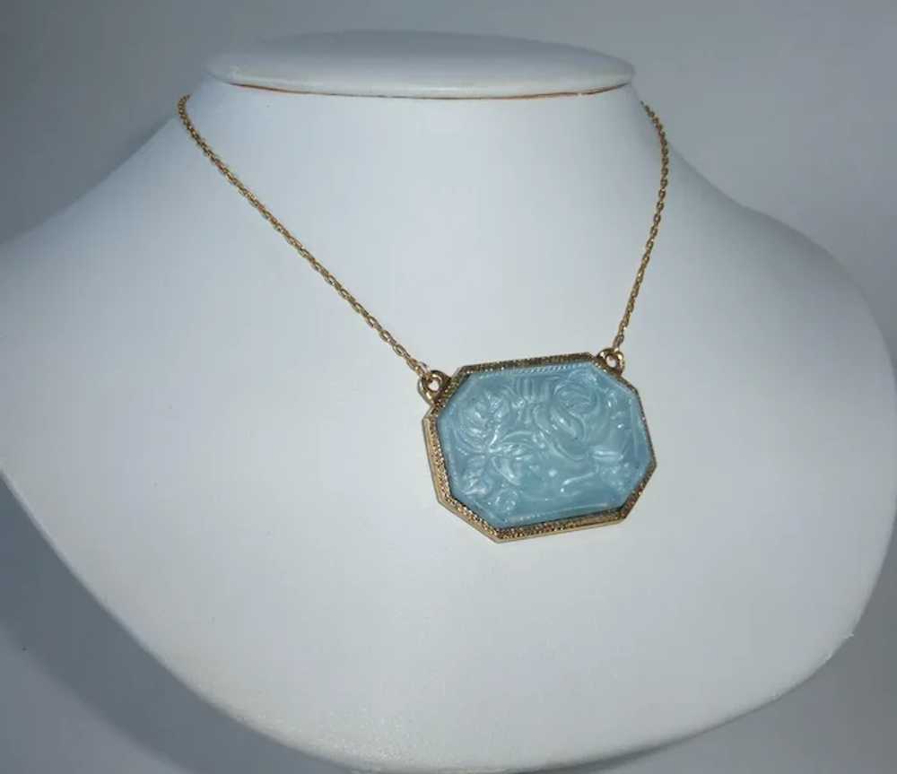 Gold Tone Pendant Necklace Molded Blue Art Glass … - image 5