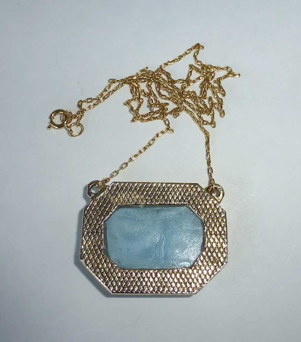 Gold Tone Pendant Necklace Molded Blue Art Glass … - image 6