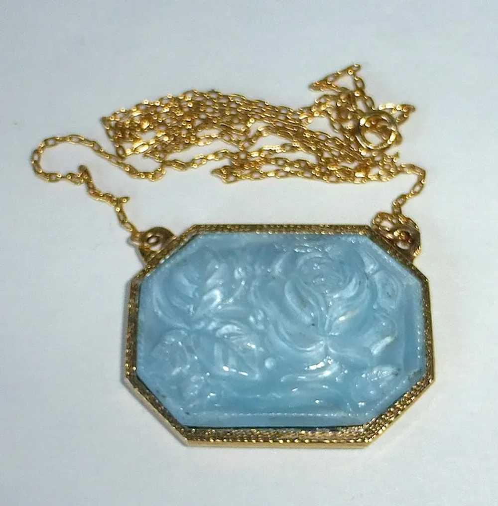 Gold Tone Pendant Necklace Molded Blue Art Glass … - image 7