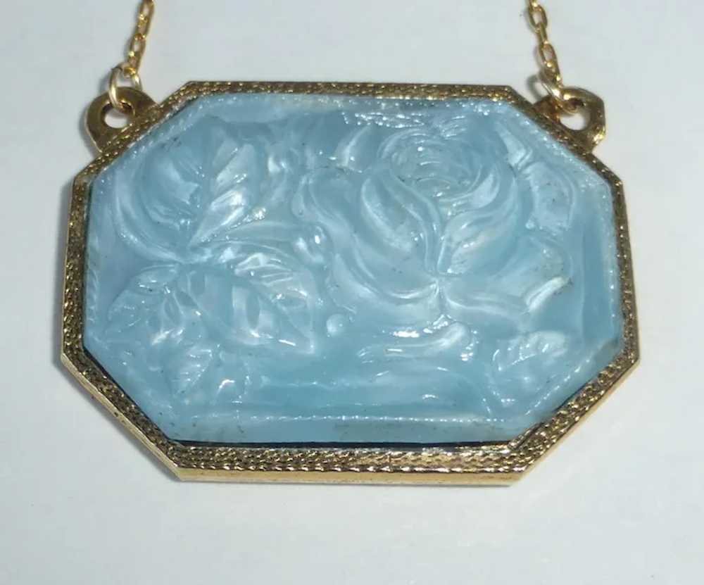 Gold Tone Pendant Necklace Molded Blue Art Glass … - image 8