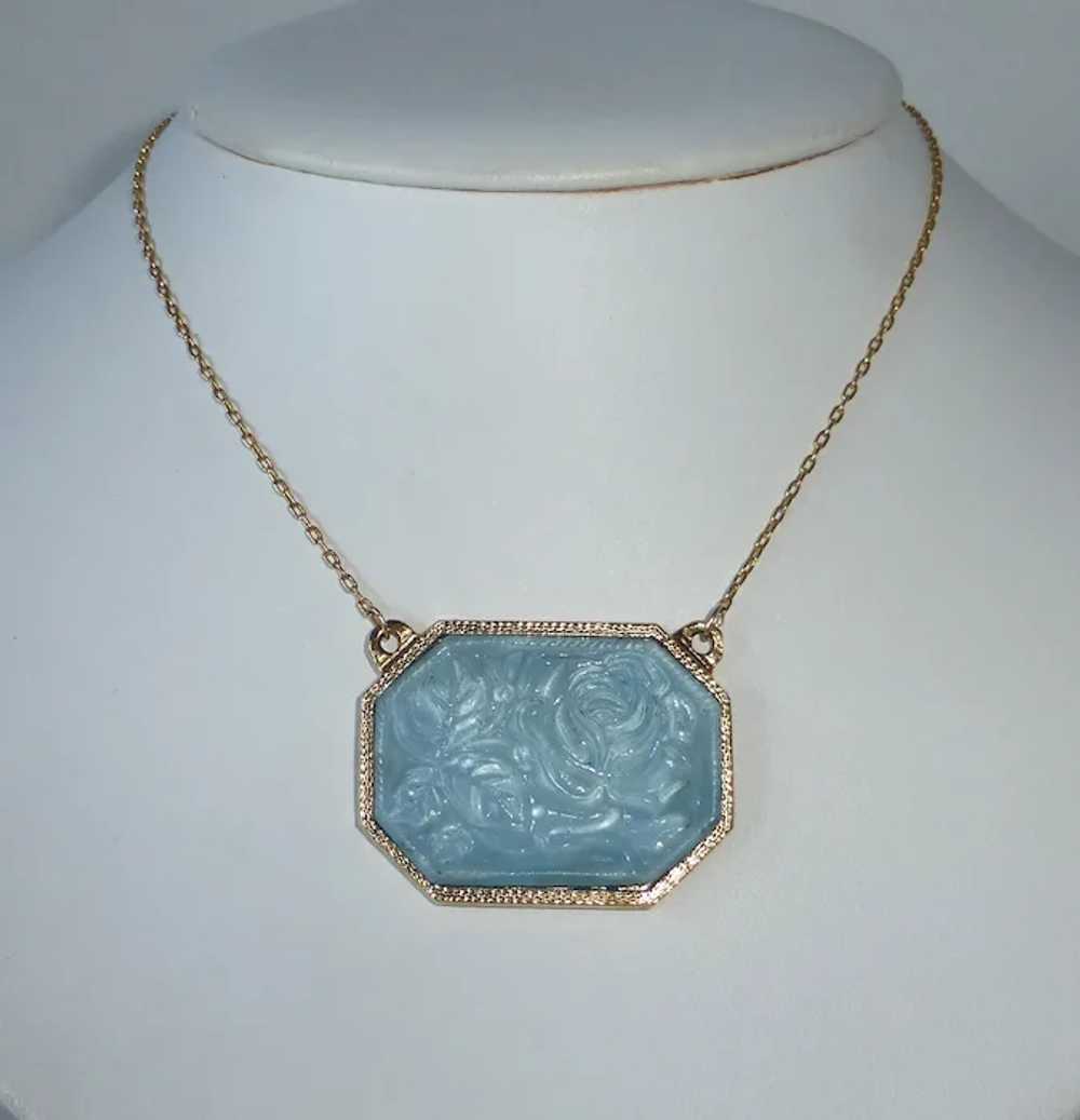 Gold Tone Pendant Necklace Molded Blue Art Glass … - image 9