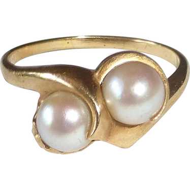 14k Mid-Century Modern Double Pearl Ring - image 1