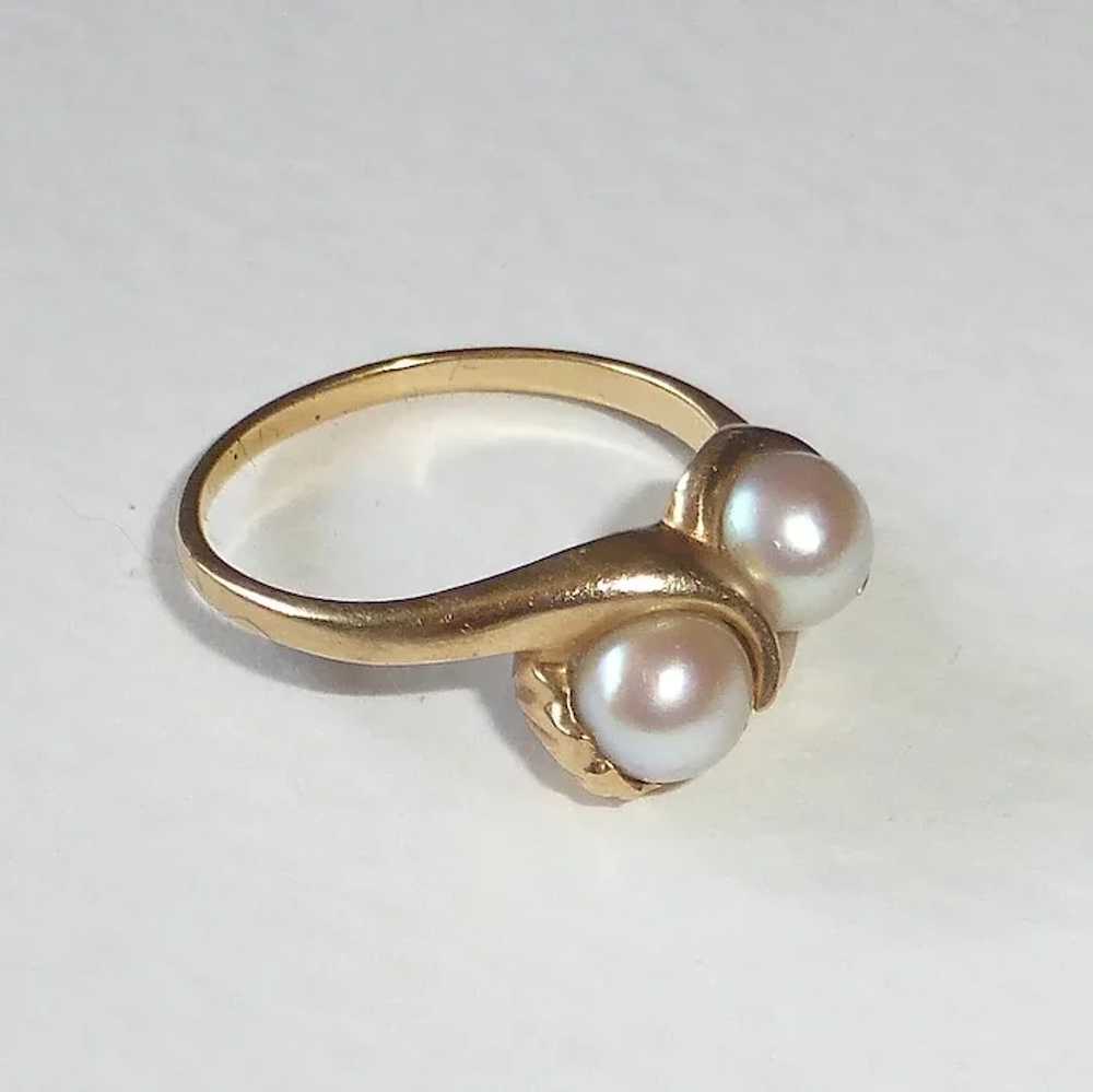 14k Mid-Century Modern Double Pearl Ring - image 2