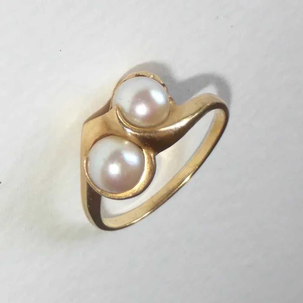 14k Mid-Century Modern Double Pearl Ring - image 3
