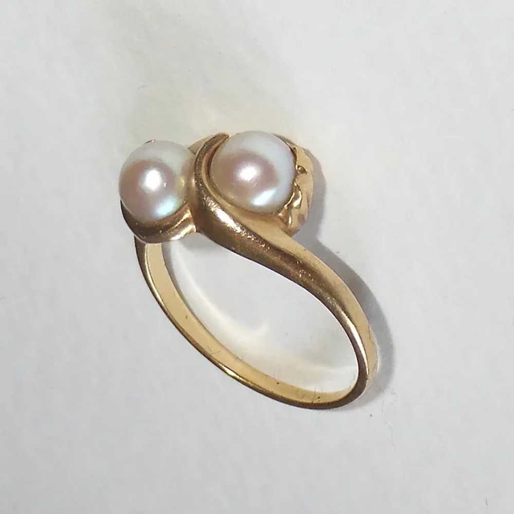 14k Mid-Century Modern Double Pearl Ring - image 4