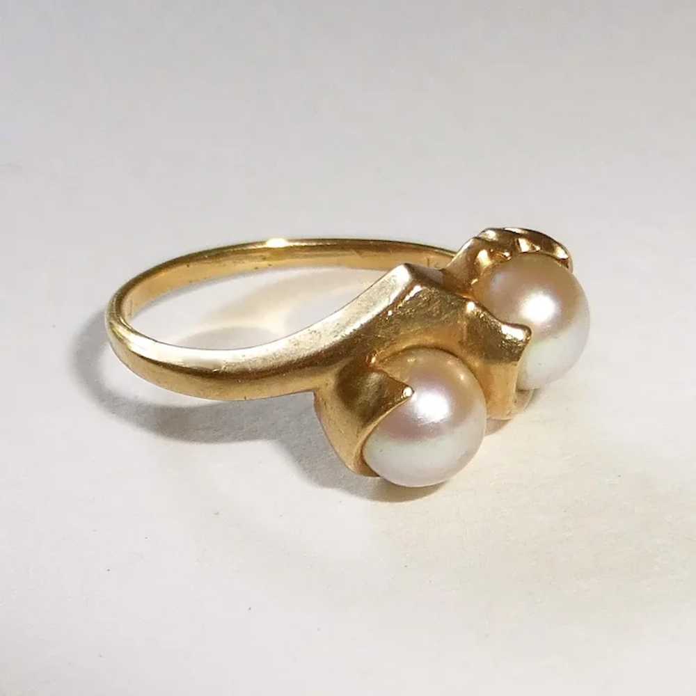 14k Mid-Century Modern Double Pearl Ring - image 8