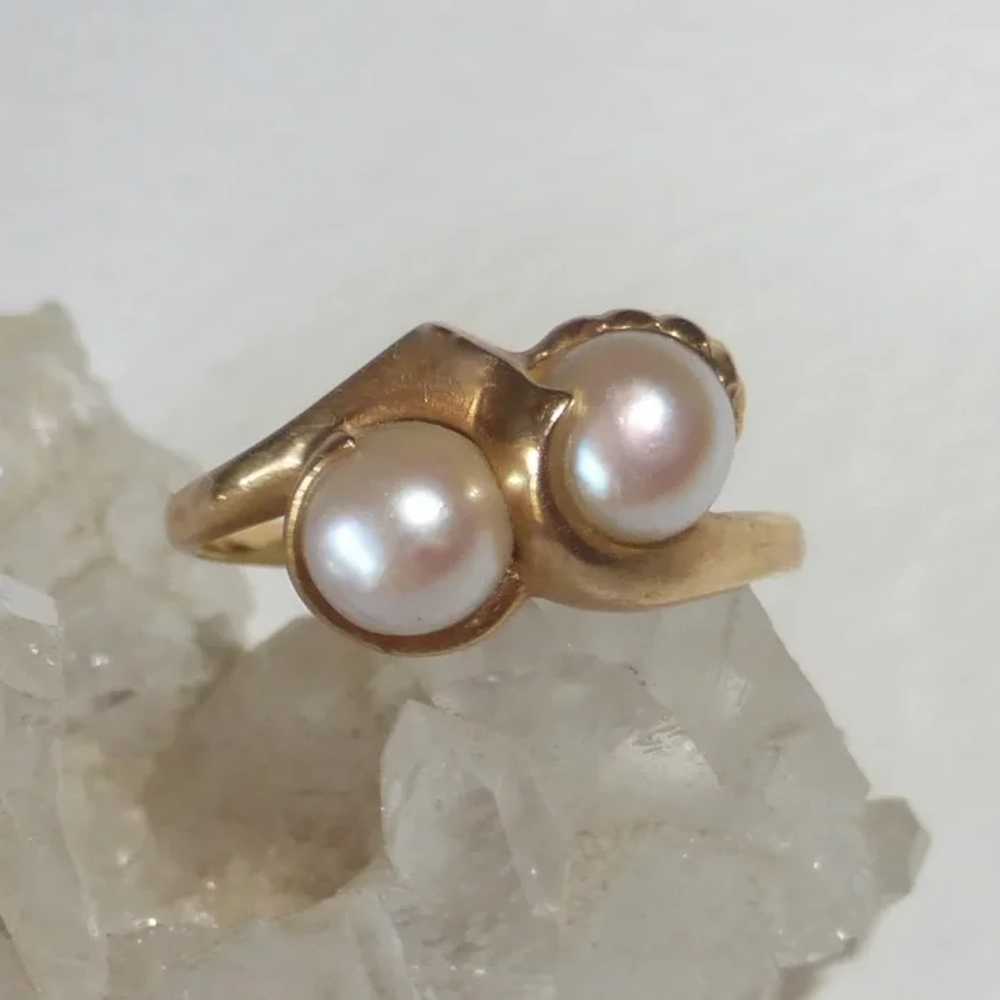 14k Mid-Century Modern Double Pearl Ring - image 9