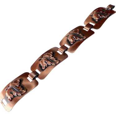 Copper Large Panel Link Bracelet w Repousse Leaves