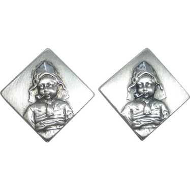 Antique 800 Silver Dutch Cufflinks Girl Smoking a 