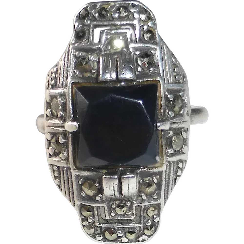 Art Deco Sterling Marcasite Onyx Ring - image 1