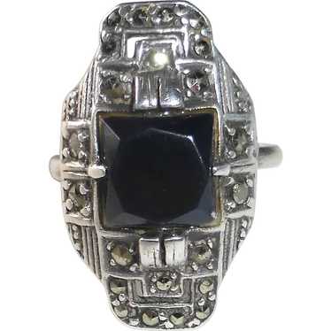 Art Deco Sterling Marcasite Onyx Ring