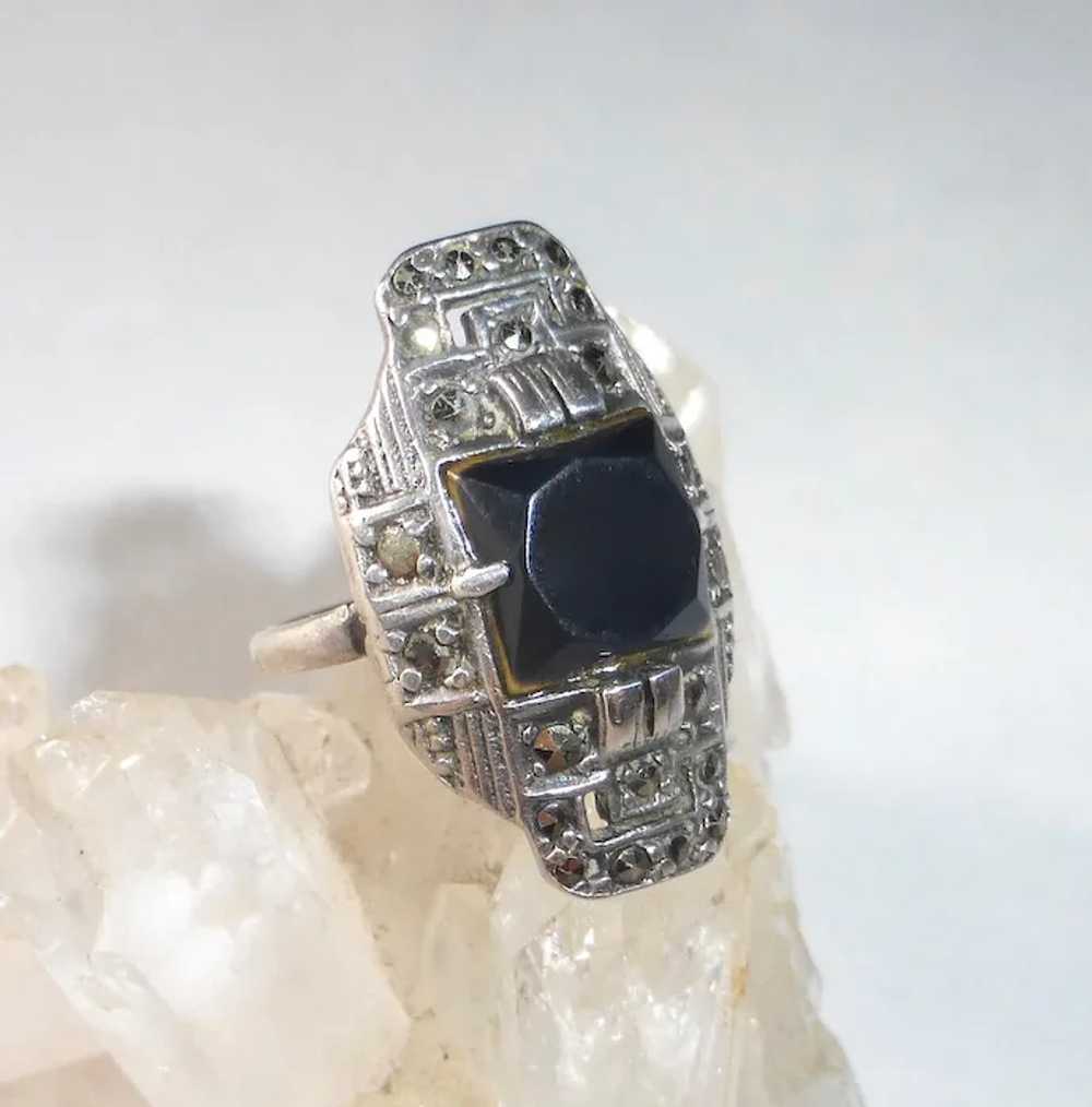 Art Deco Sterling Marcasite Onyx Ring - image 2