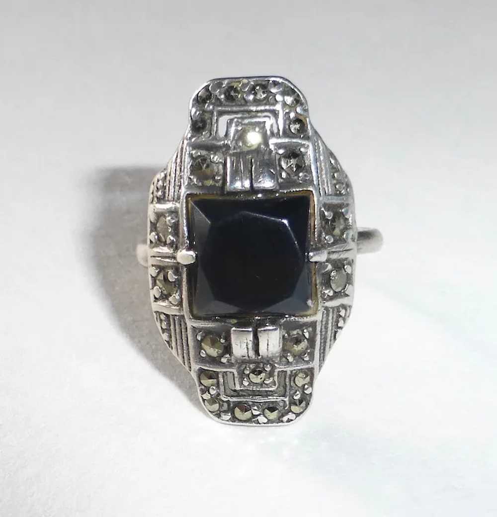Art Deco Sterling Marcasite Onyx Ring - image 8