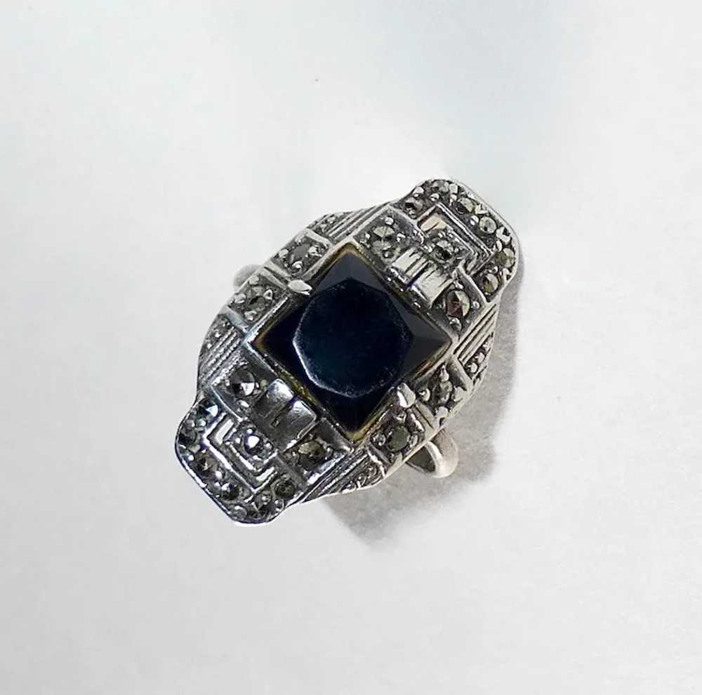 Art Deco Sterling Marcasite Onyx Ring - image 9