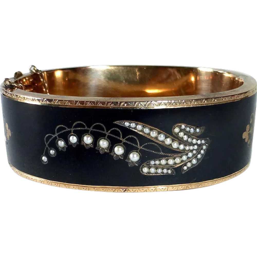 Victorian 14k Enamel Seed Pearl Antique Mourning … - image 1