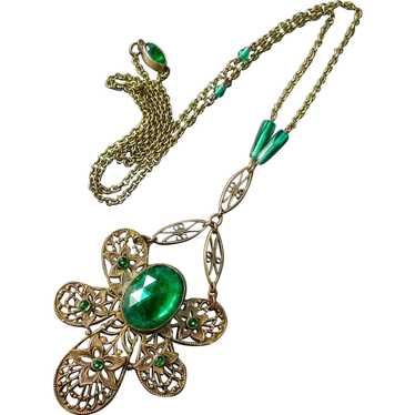 Art Deco Brass Filigree Necklace w Green Glass Jew