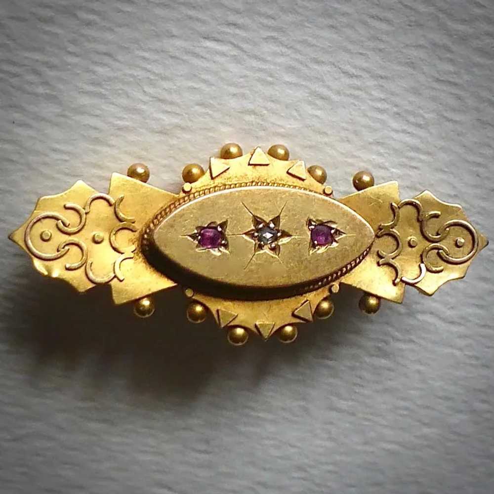 15k Antique Victorian Pin w Garnets & Diamond - H… - image 2