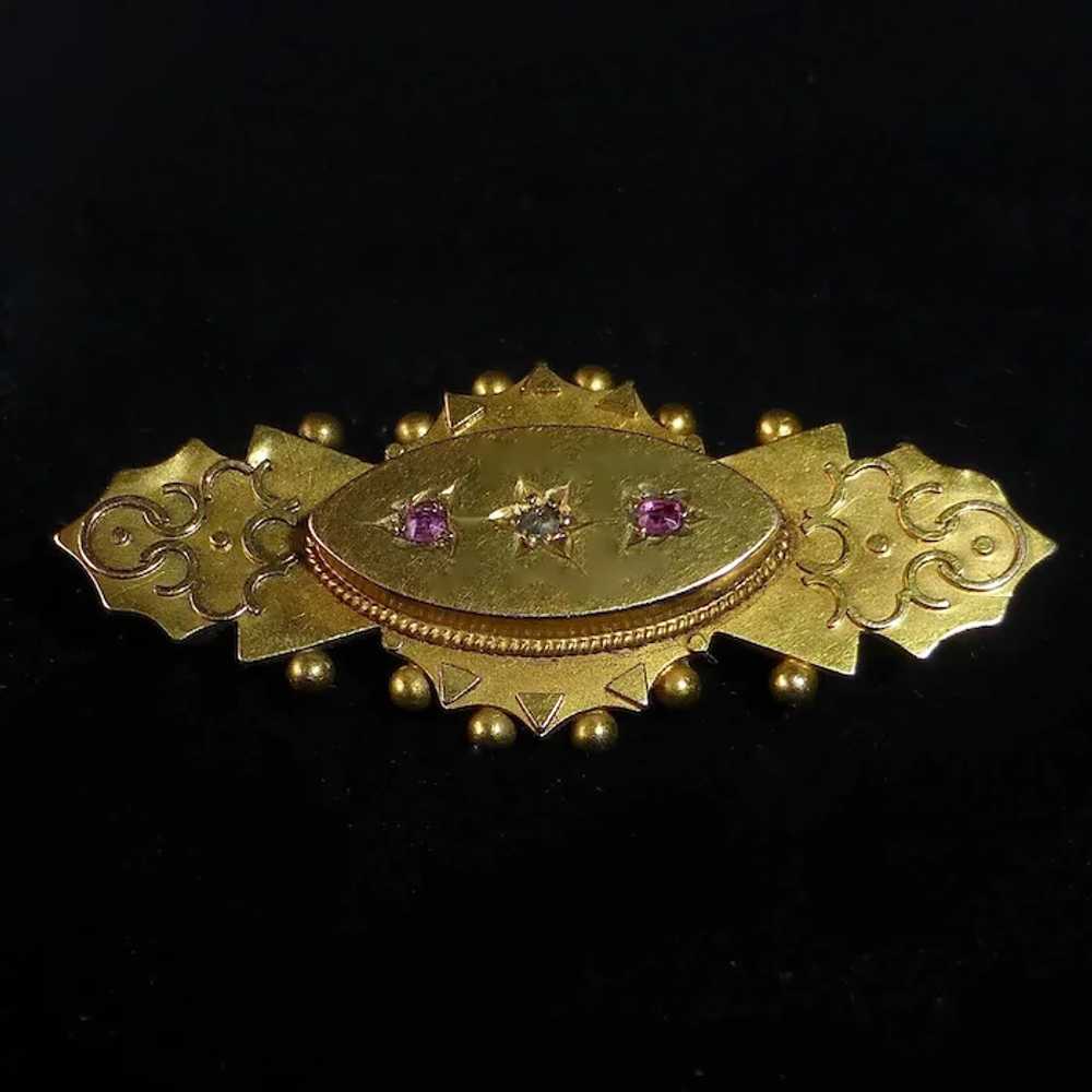 15k Antique Victorian Pin w Garnets & Diamond - H… - image 3