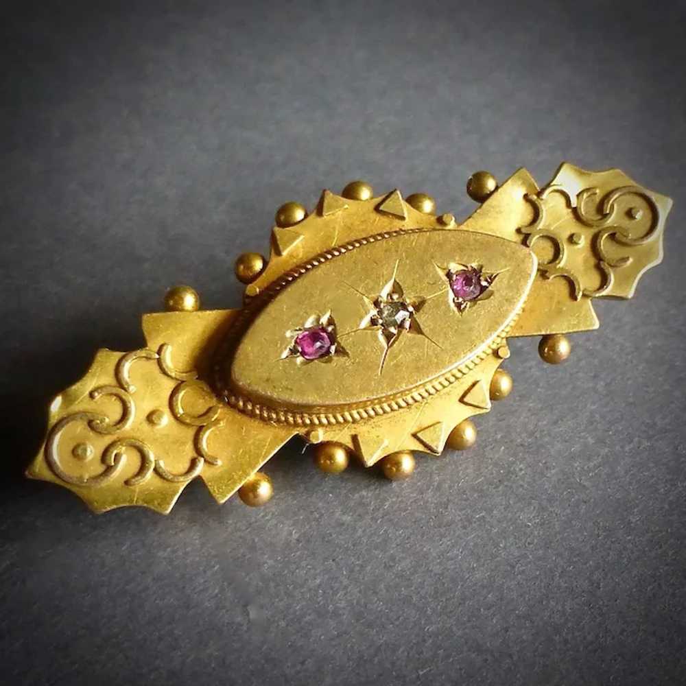 15k Antique Victorian Pin w Garnets & Diamond - H… - image 9