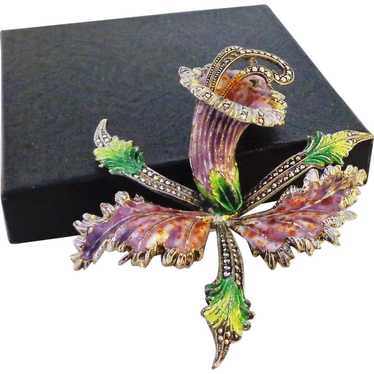 Huge Cattleya Orchid Enamel on 800 Silver Pin Broo