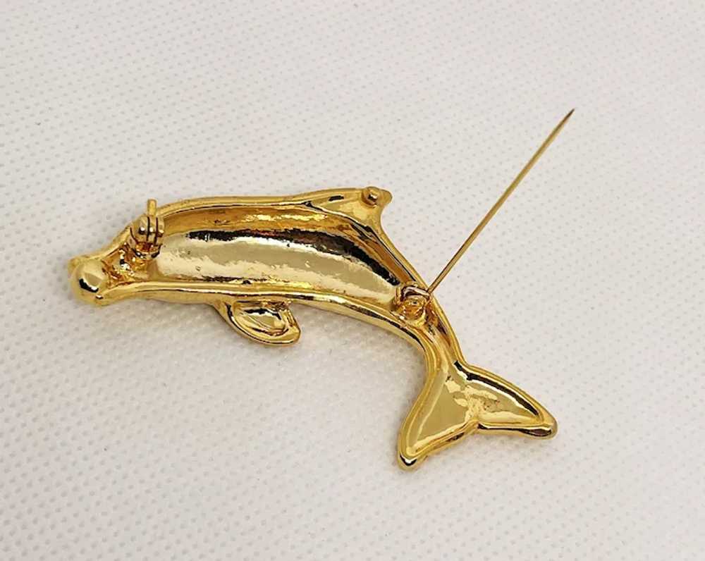 Swimming Dolphin Goldtone Brooch with Faux Pearl - image 10