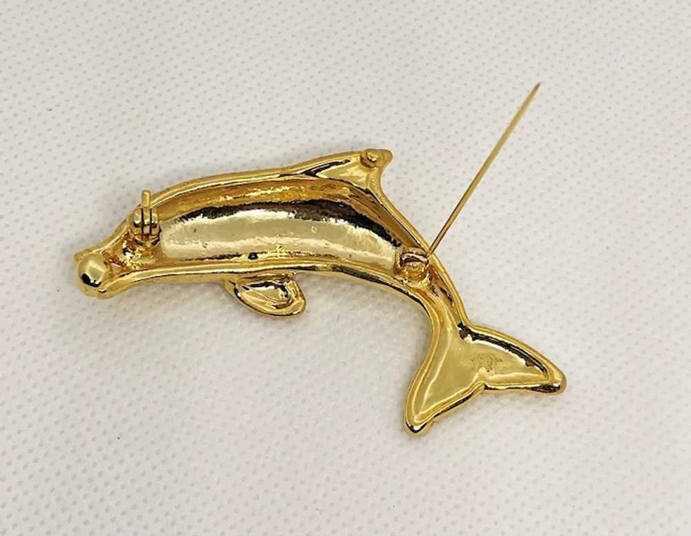 Swimming Dolphin Goldtone Brooch with Faux Pearl - image 11