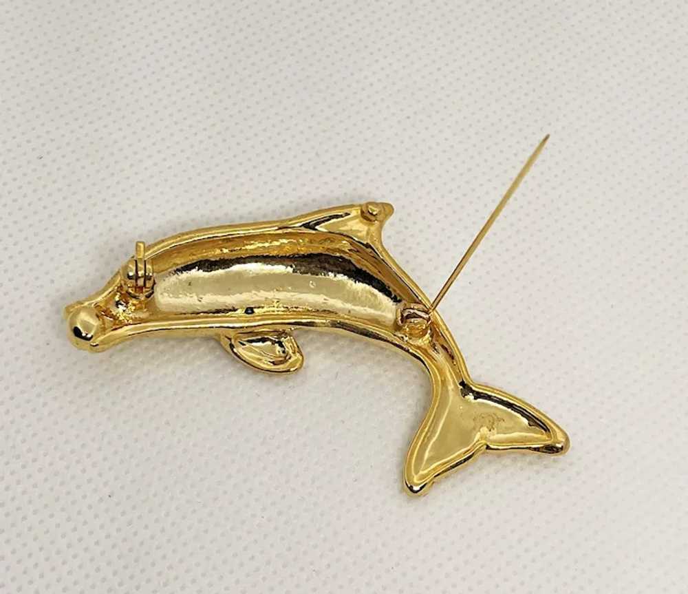 Swimming Dolphin Goldtone Brooch with Faux Pearl - image 12