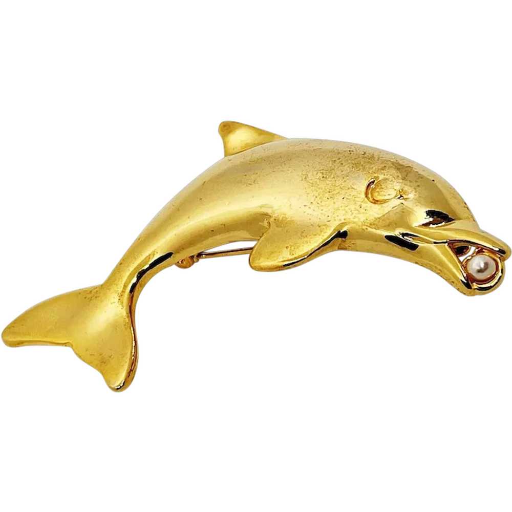 Swimming Dolphin Goldtone Brooch with Faux Pearl - image 1