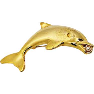 Swimming Dolphin Goldtone Brooch with Faux Pearl