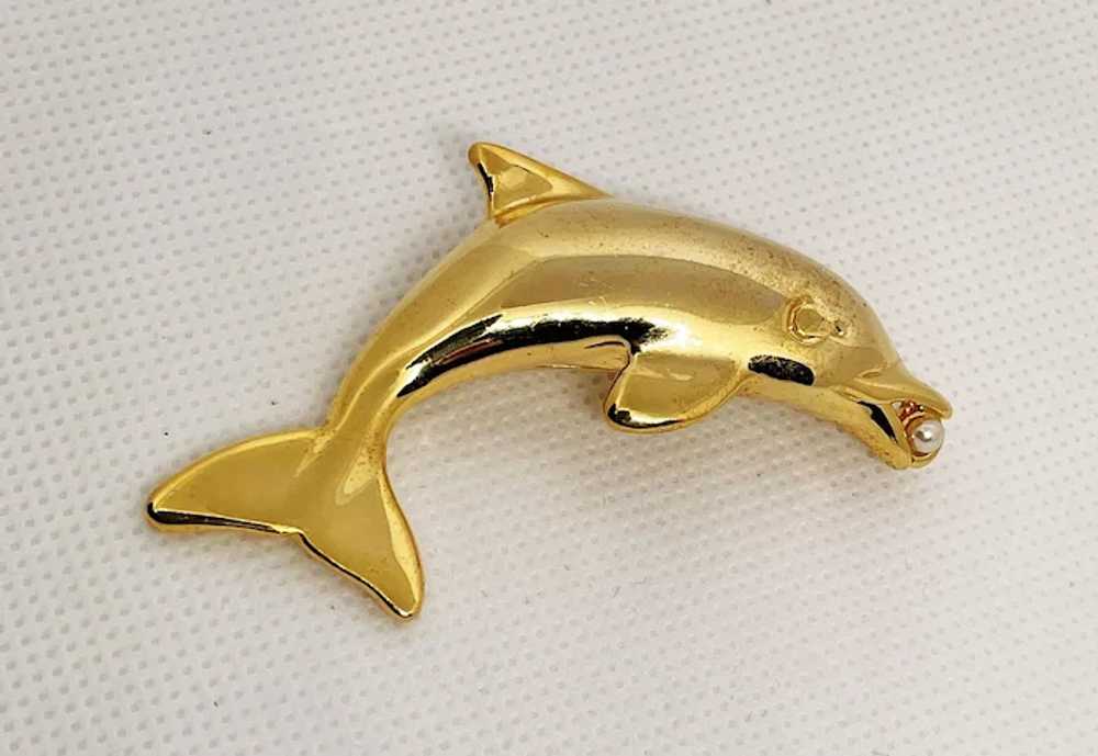 Swimming Dolphin Goldtone Brooch with Faux Pearl - image 3