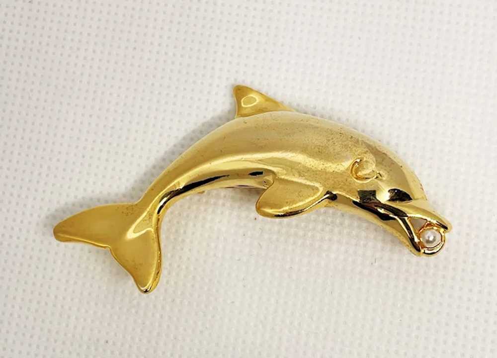 Swimming Dolphin Goldtone Brooch with Faux Pearl - image 4