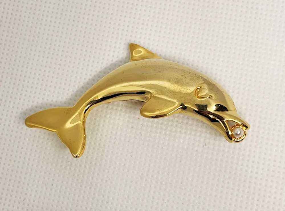 Swimming Dolphin Goldtone Brooch with Faux Pearl - image 5