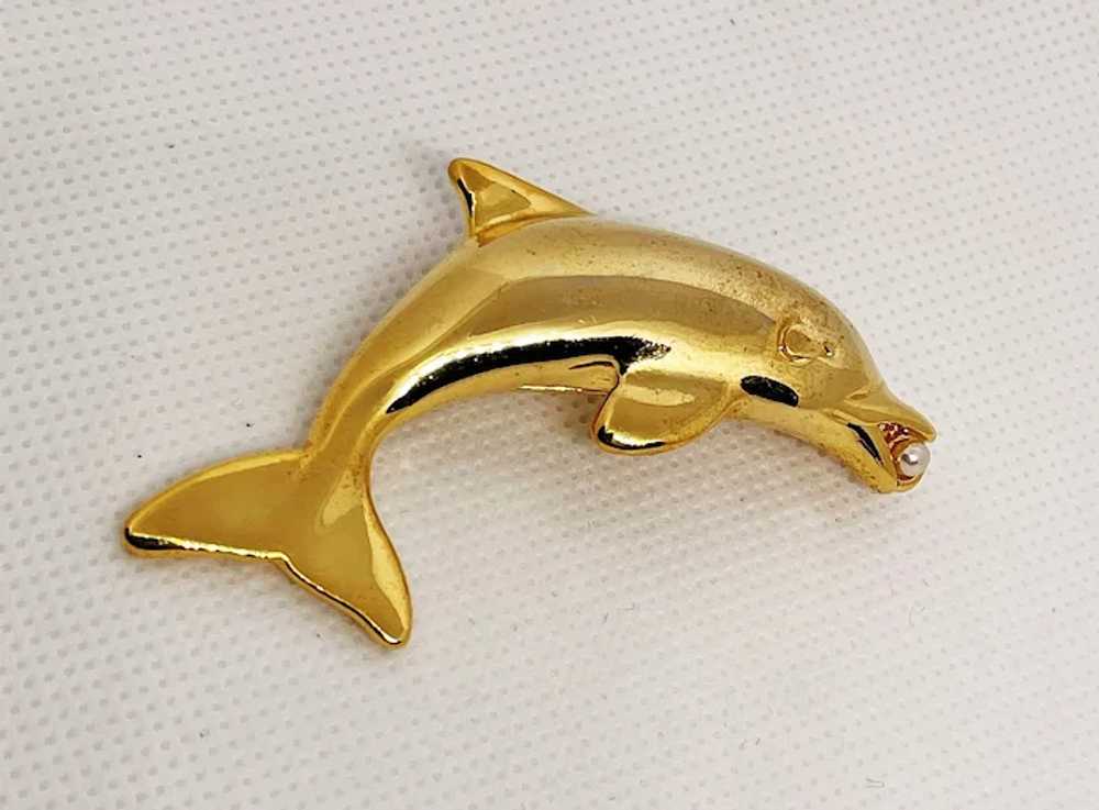 Swimming Dolphin Goldtone Brooch with Faux Pearl - image 6