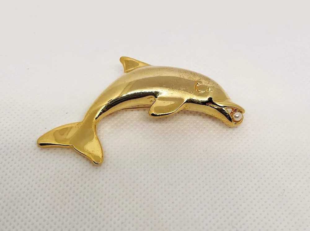 Swimming Dolphin Goldtone Brooch with Faux Pearl - image 7