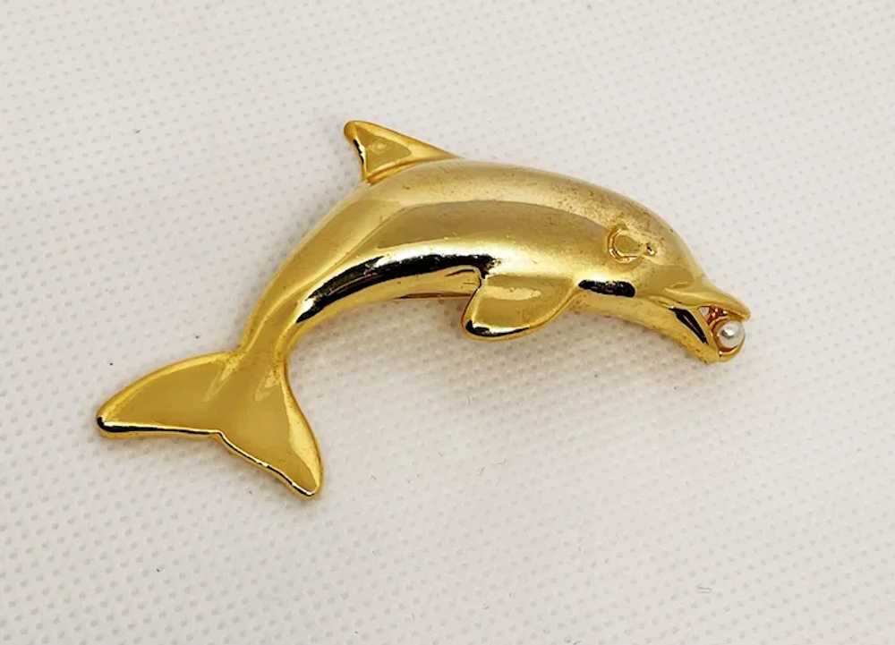 Swimming Dolphin Goldtone Brooch with Faux Pearl - image 8