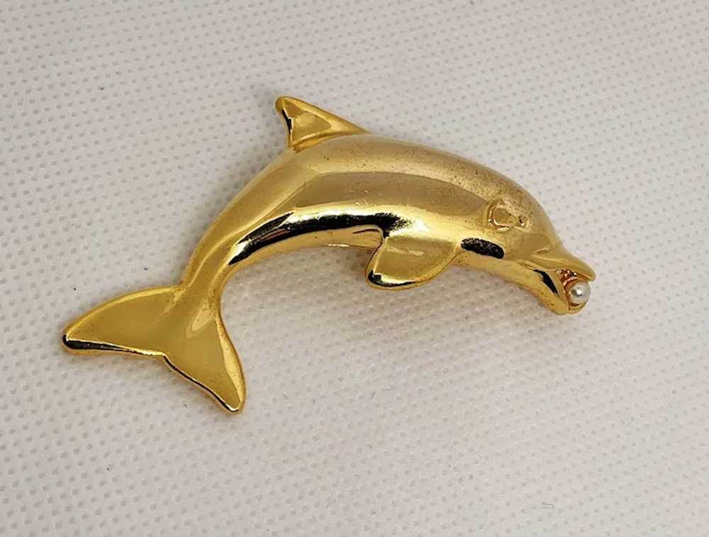 Swimming Dolphin Goldtone Brooch with Faux Pearl - image 9