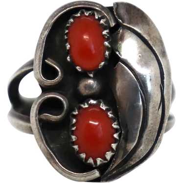 Vintage American Southwest Silver and Coral Caboc… - image 1