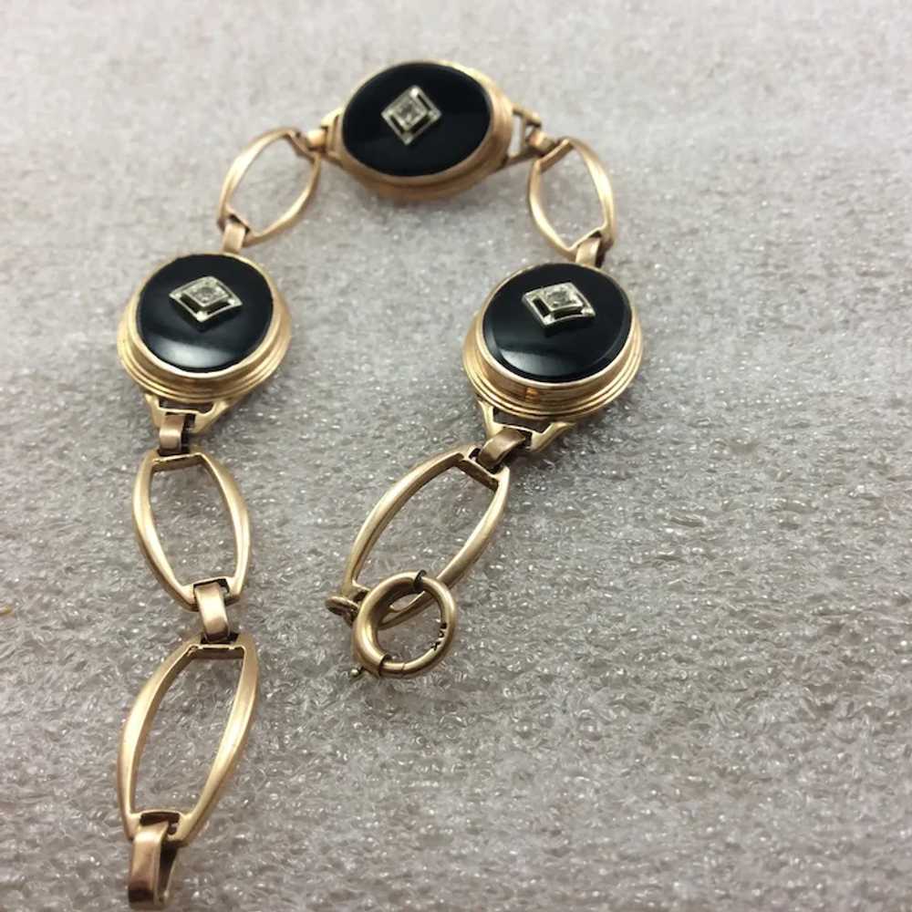 14k Gold 1930’s Onyx and Diamond Bracelet - image 2
