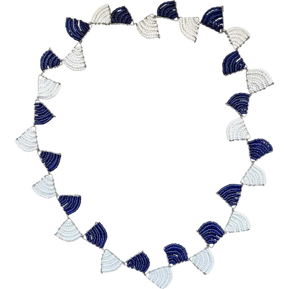 Blue and White Beaded Necklace with Fan Shaped Li… - image 1