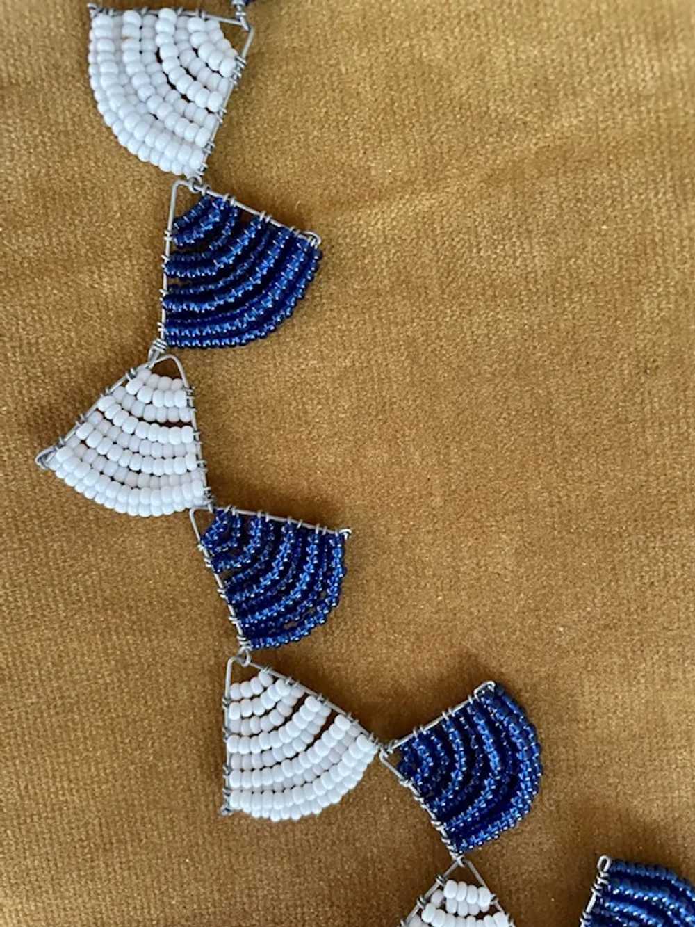 Blue and White Beaded Necklace with Fan Shaped Li… - image 2