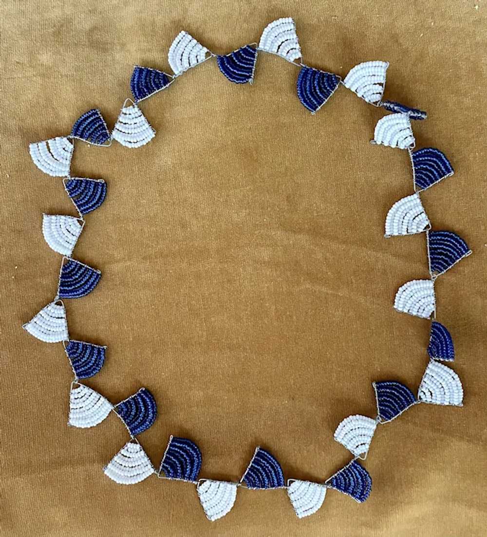 Blue and White Beaded Necklace with Fan Shaped Li… - image 4