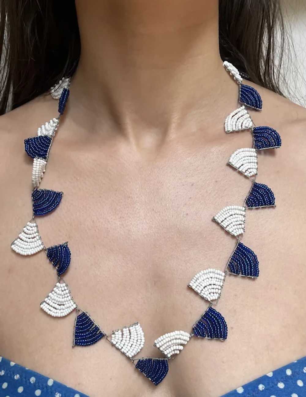 Blue and White Beaded Necklace with Fan Shaped Li… - image 5