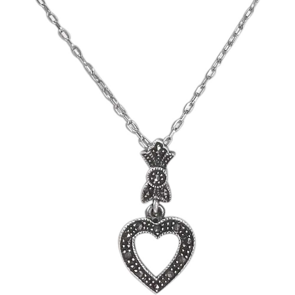 Sterling Necklace w Marcasite Heart Pendant - image 1