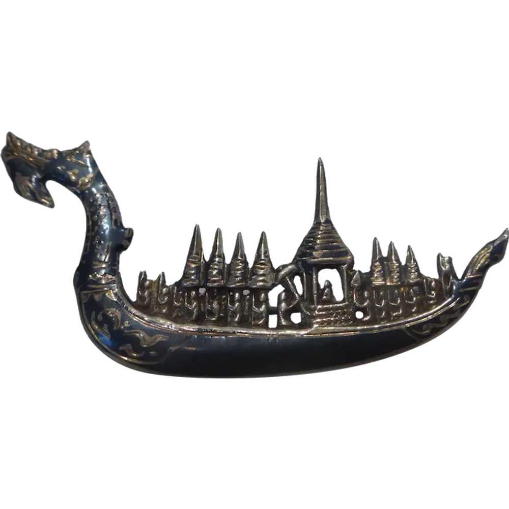 Siam Dragon Boat Barge Pin Niello Sterling Silver… - image 1